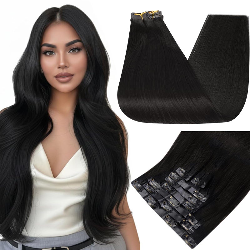 Full Shine Black Human Hair Extensions Seamless Clip in Hair Extension 22 Inch Natural Human Hair Clip in Extensions Black Real Hair for Women Thick End 8 PCS 120 G - Image 1